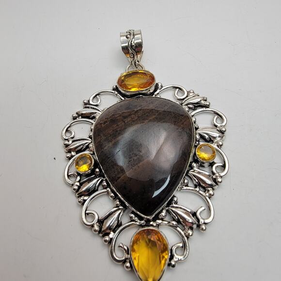 Sterling Silver Bronzite and Citrine Pendant Necklace - 20" Chain - Picture 4 of 7